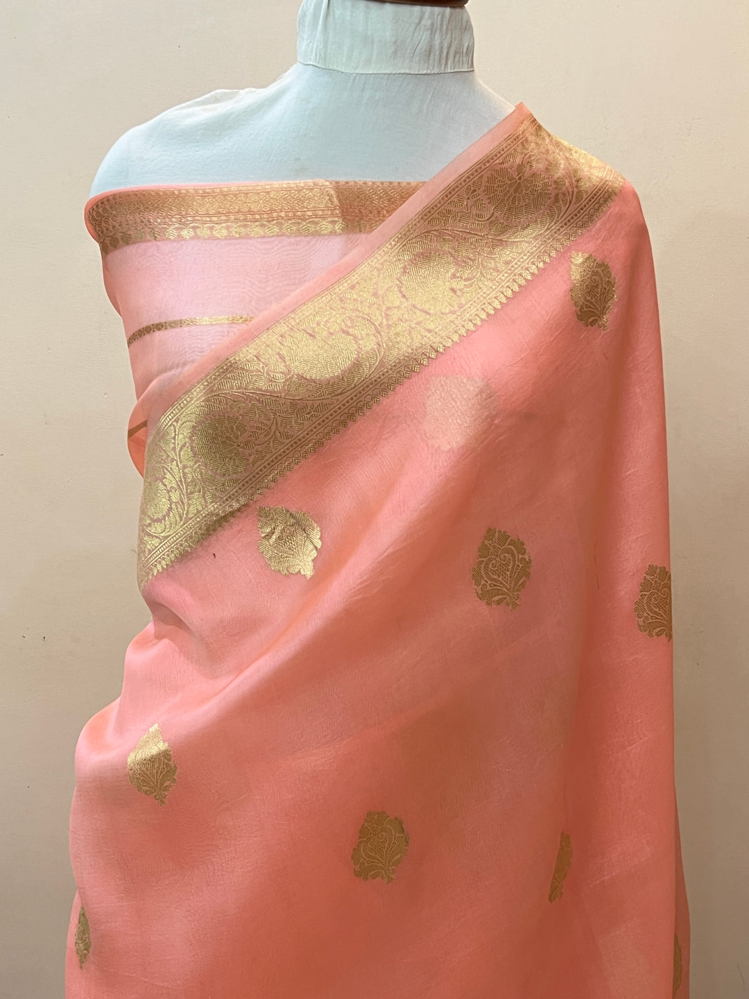 Peach Banarasi Handloom Kora Silk Saree