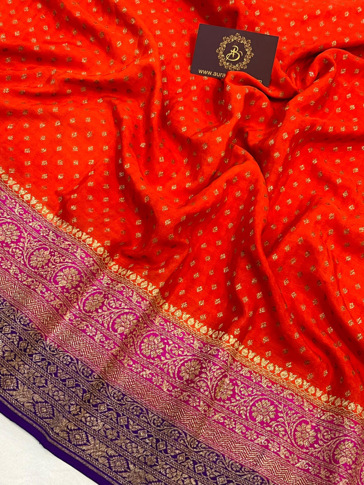 Orange Pure Banarasi Khaddi Crepe Silk Saree - Aura Benaras