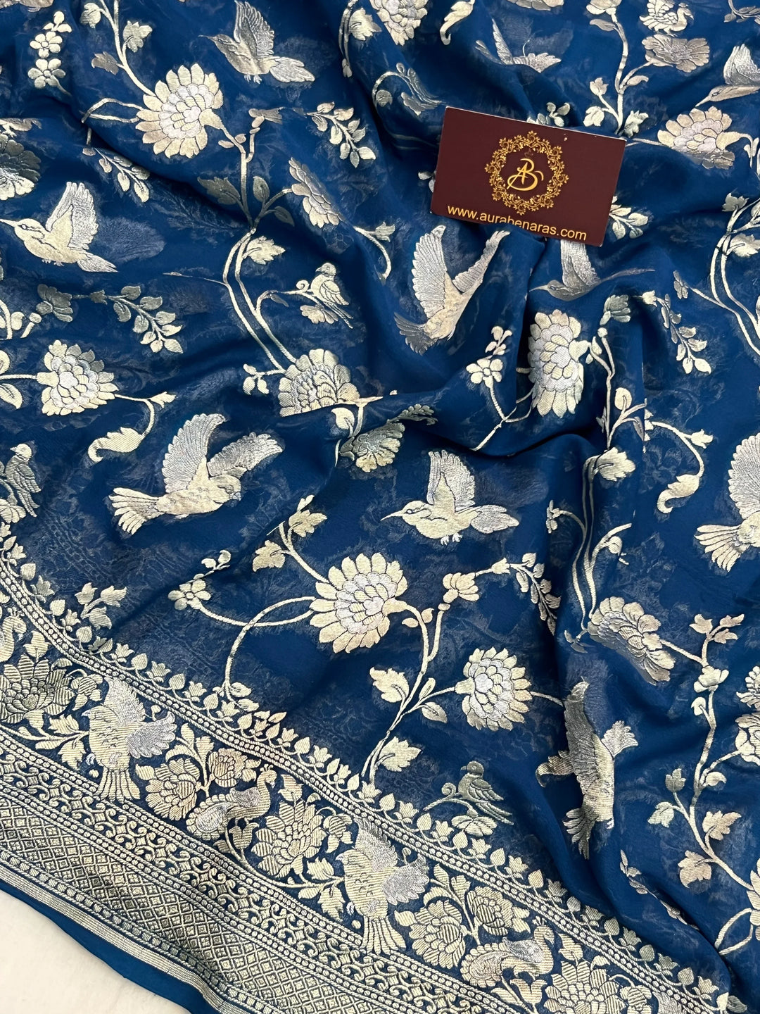 Teal Blue Pure Khaddi Georgette Shikargaah Banarasi Saree 