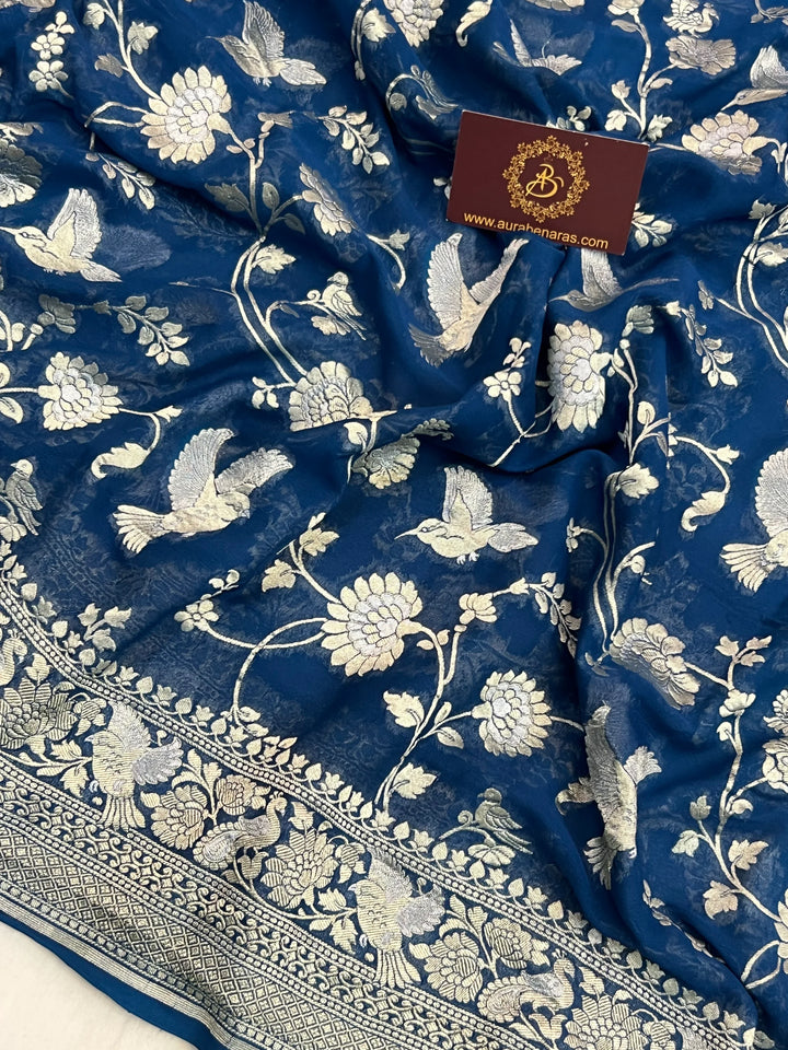 Teal Blue Pure Khaddi Georgette Shikargaah Banarasi Saree 