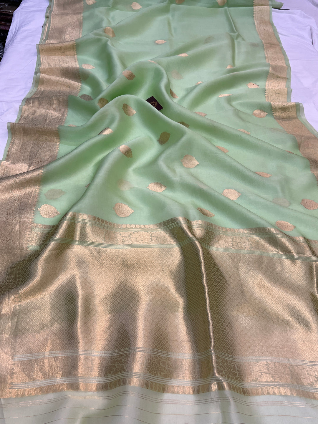 Pastel Green Banarasi Handloom Kora Silk Saree