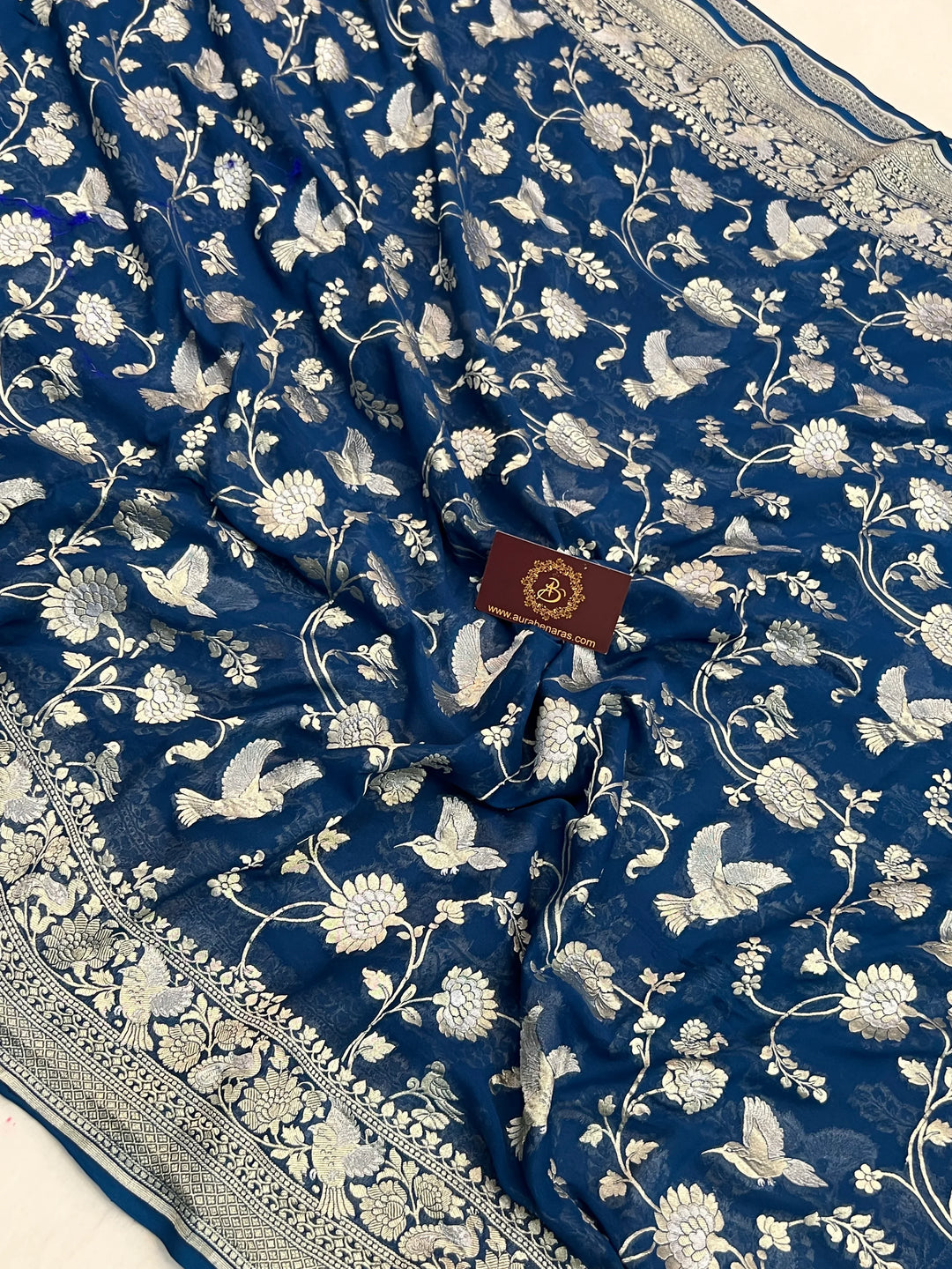 Teal Blue Pure Khaddi Georgette Shikargaah Banarasi Saree 