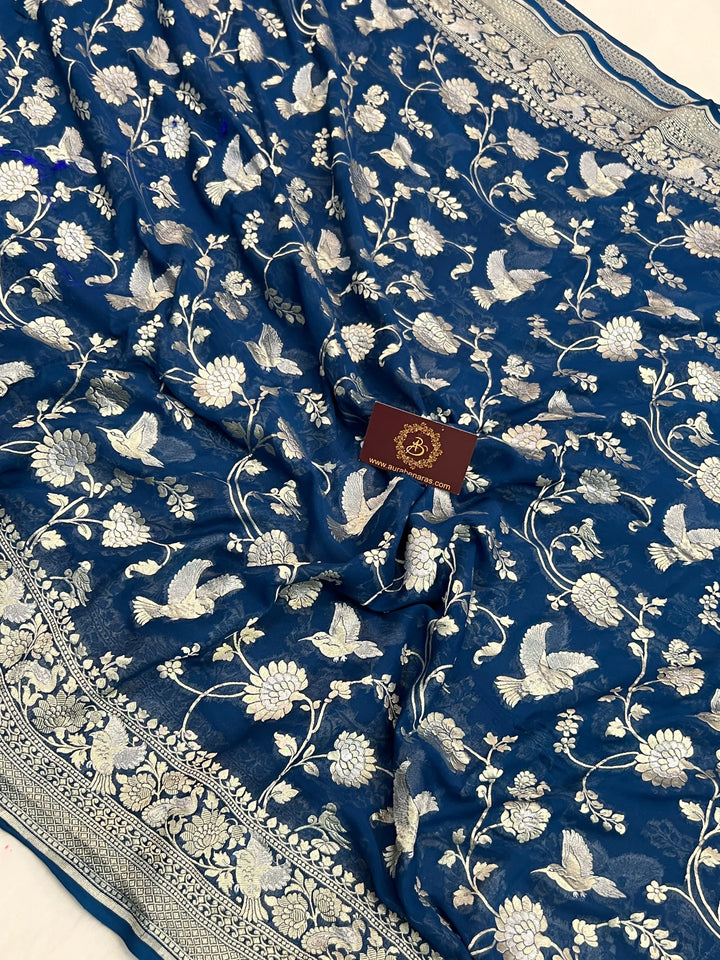 Teal Blue Pure Khaddi Georgette Shikargaah Banarasi Saree 