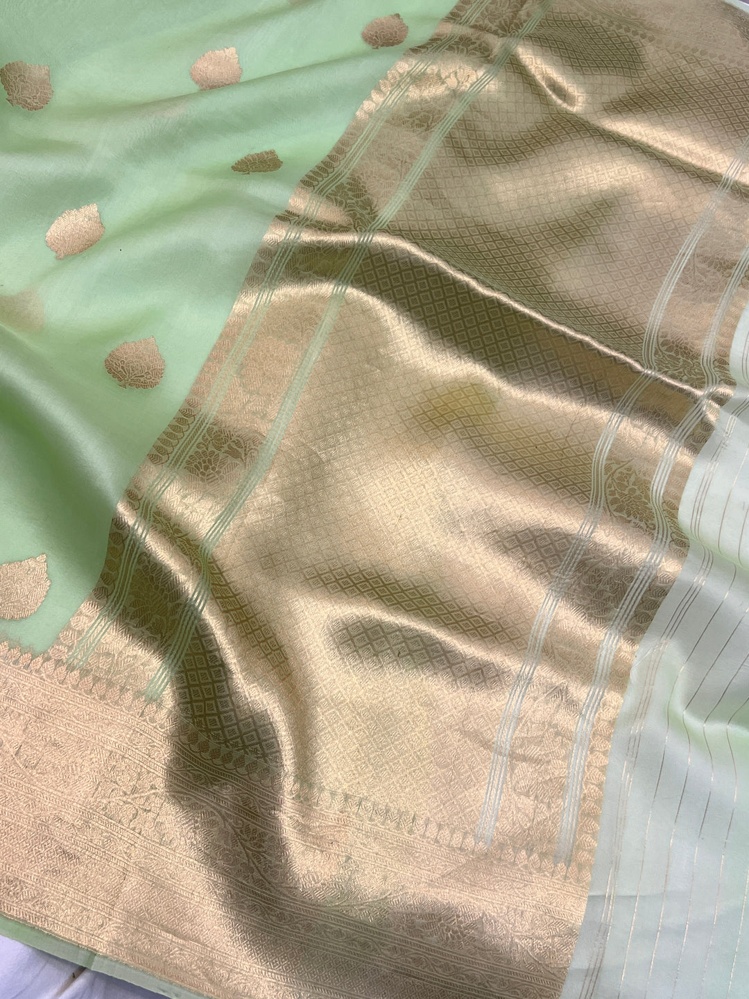 Pastel Green Banarasi Handloom Kora Silk Saree