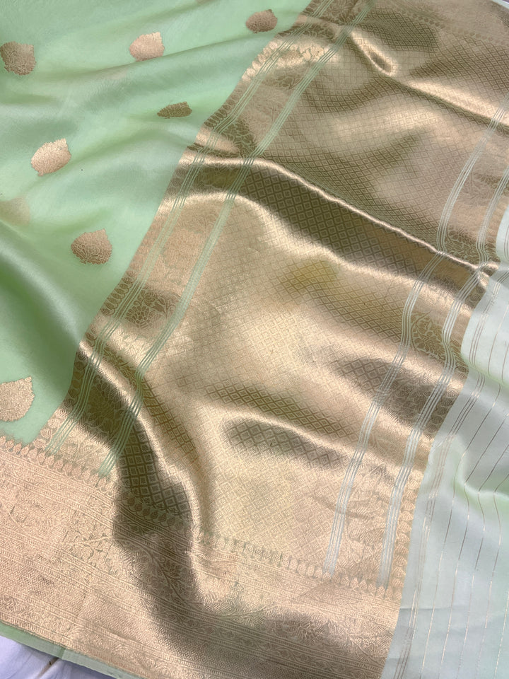 Pastel Green Banarasi Handloom Kora Silk Saree