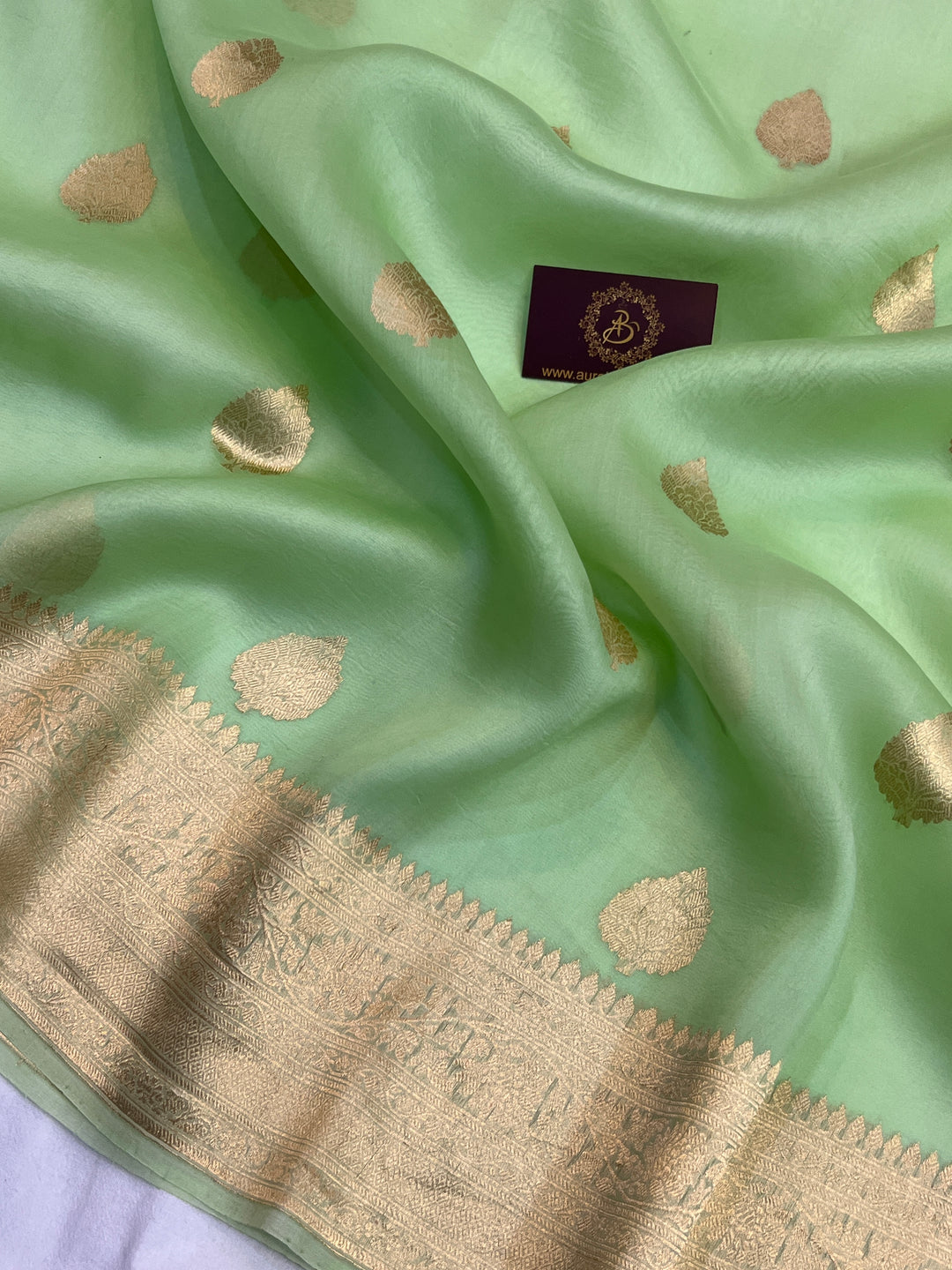 Pastel Green Banarasi Handloom Kora Silk Saree