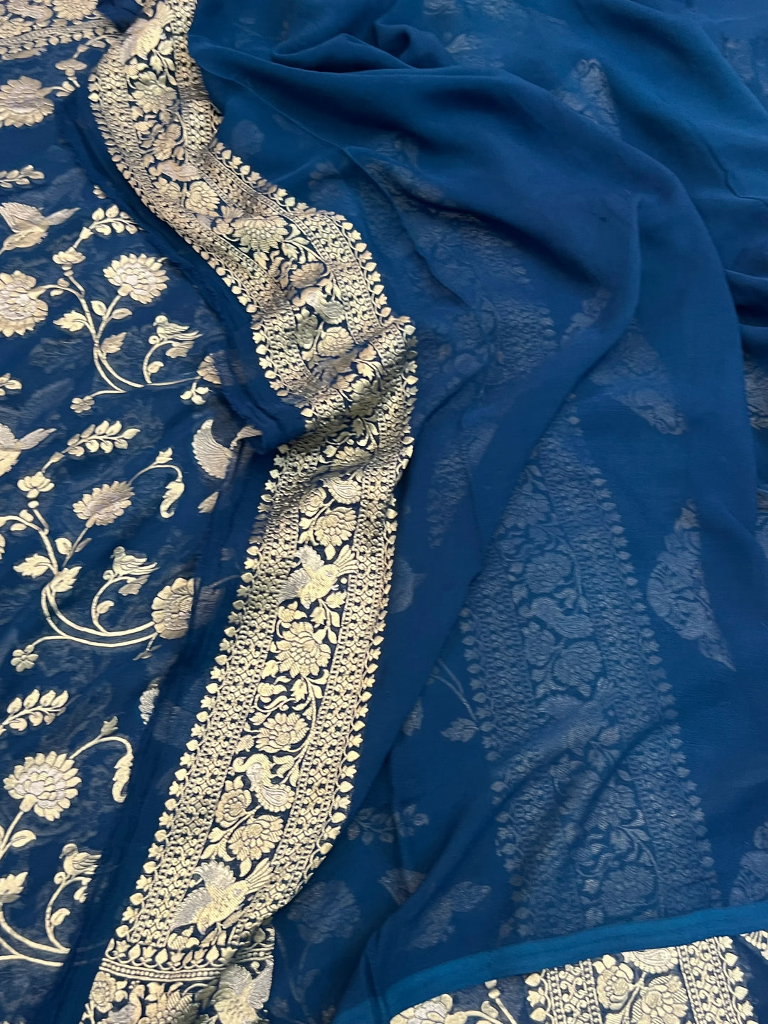 Teal Blue Pure Khaddi Georgette Shikargaah Banarasi Saree 