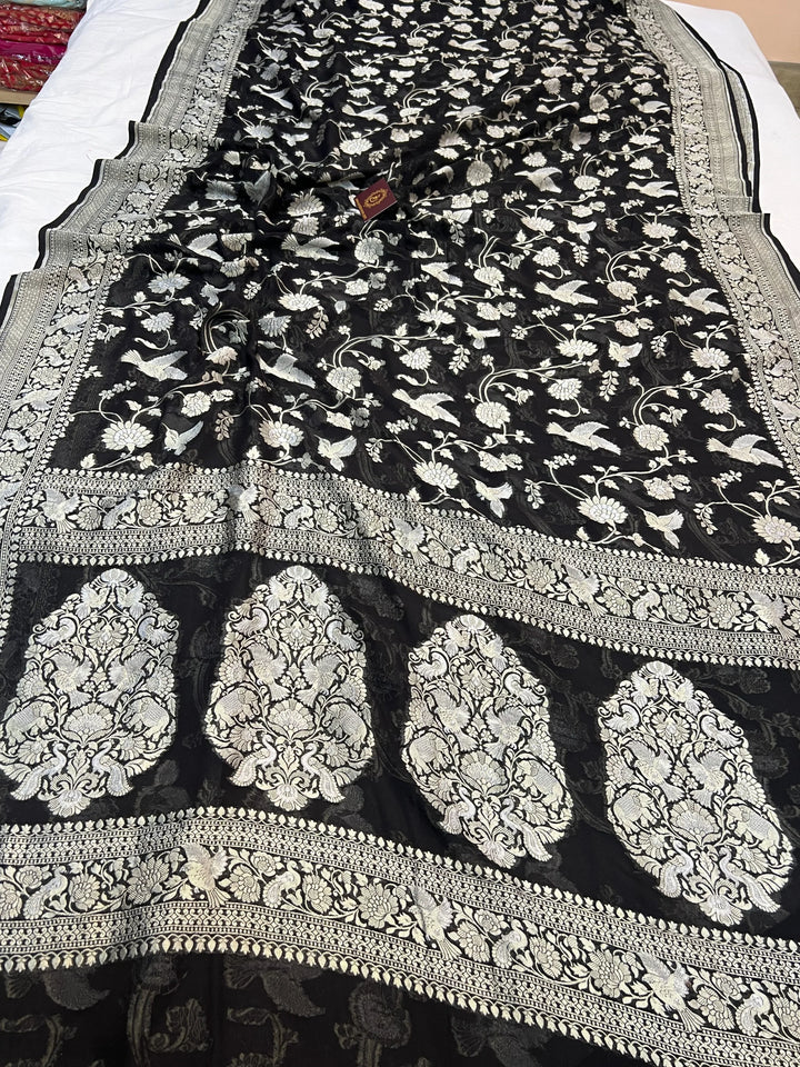 Black Pure Khaddi Georgette Shikargaah Banarasi Saree 