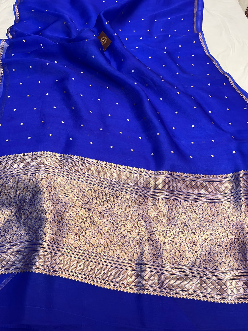 Royal Blue Pure Kora Silk Handloom Banarasi Saree