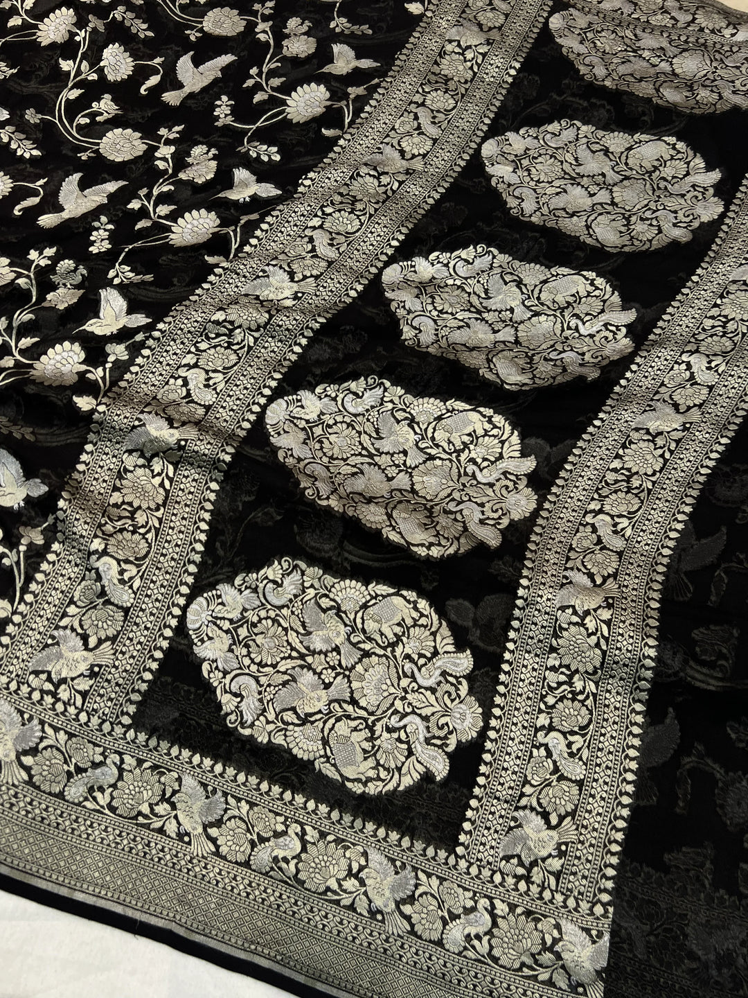 Black Pure Khaddi Georgette Shikargaah Banarasi Saree 