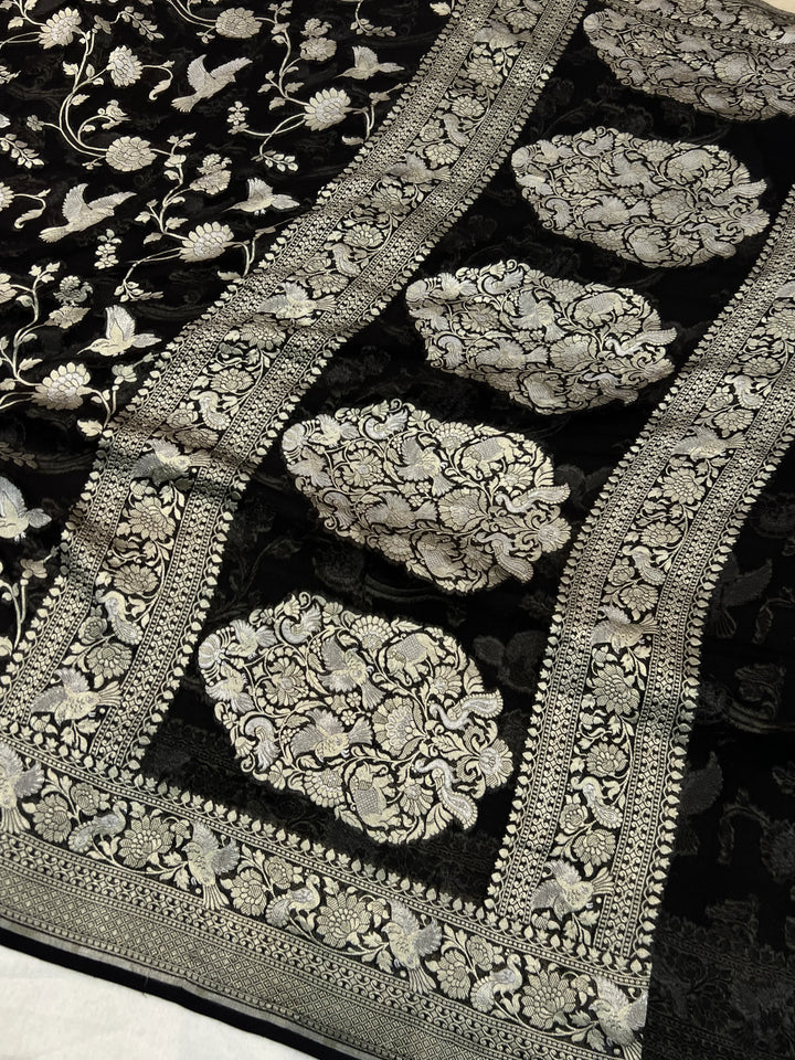 Black Pure Khaddi Georgette Shikargaah Banarasi Saree 