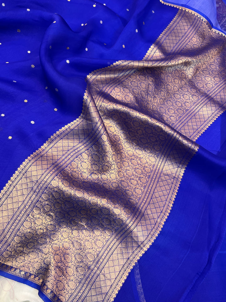 Royal Blue Pure Kora Silk Handloom Banarasi Saree