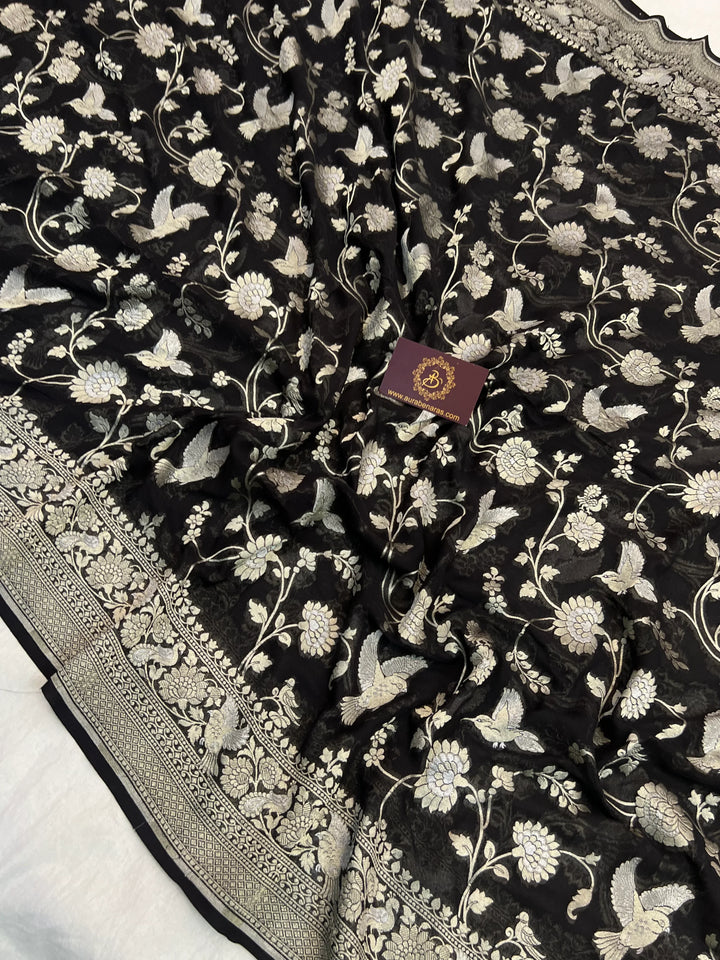 Black Pure Khaddi Georgette Shikargaah Banarasi Saree 