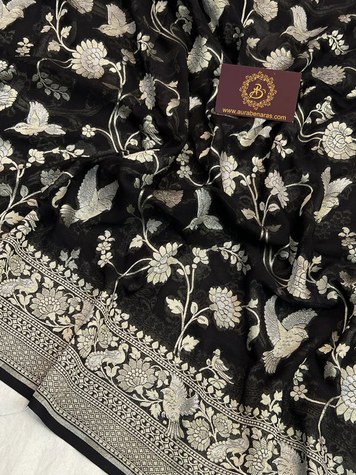 Black Pure Khaddi Georgette Shikargaah Banarasi Saree 