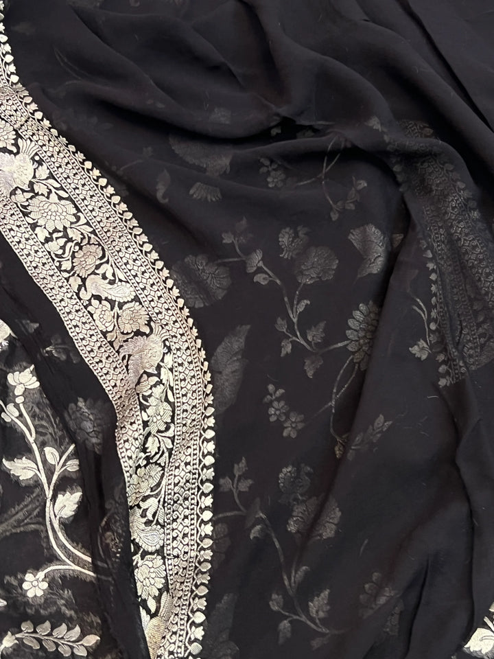 Black Pure Khaddi Georgette Shikargaah Banarasi Saree 