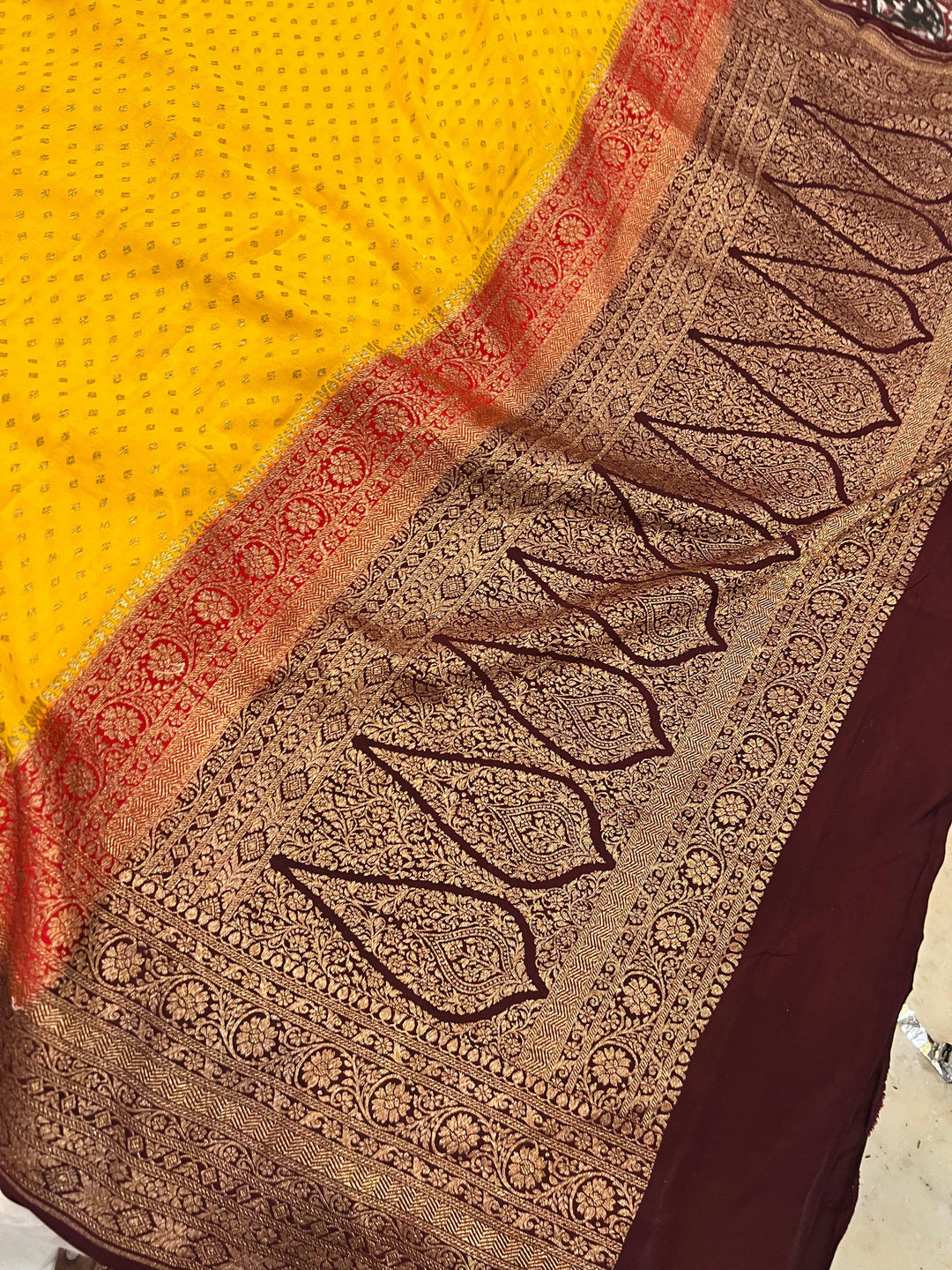 Yellow Pure Banarasi Khaddi Crepe Silk Saree - Aura Benaras
