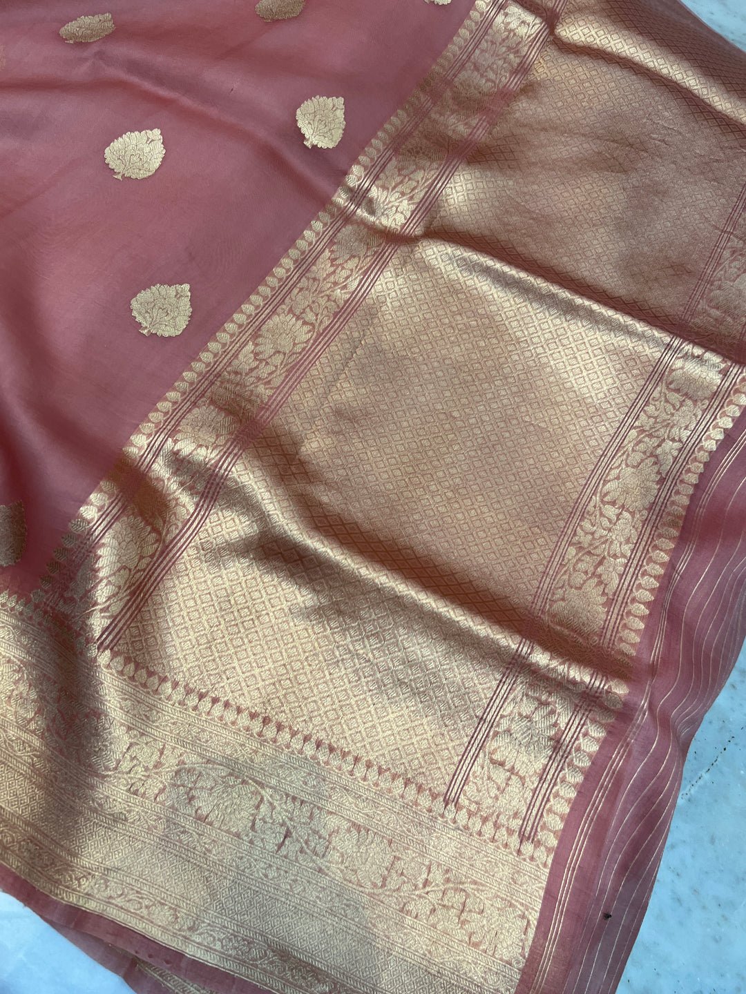 Old Rose Banarasi Handloom Kora Silk Saree