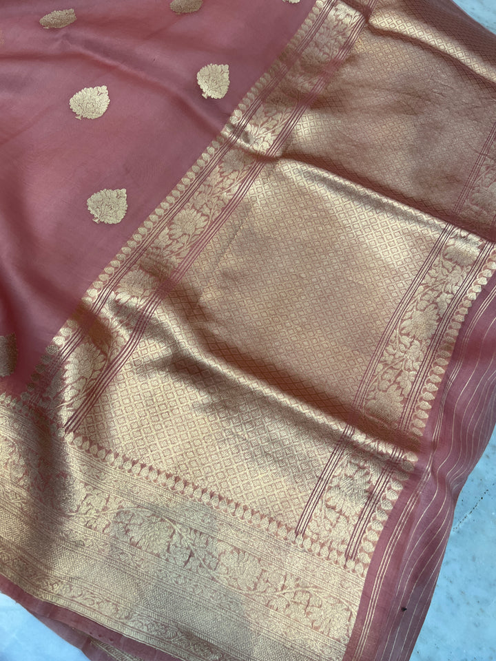 Old Rose Banarasi Handloom Kora Silk Saree