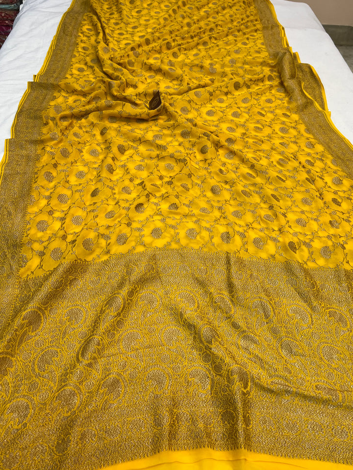 Yellow Pure Khaddi Georgette Handloom Banarasi Saree