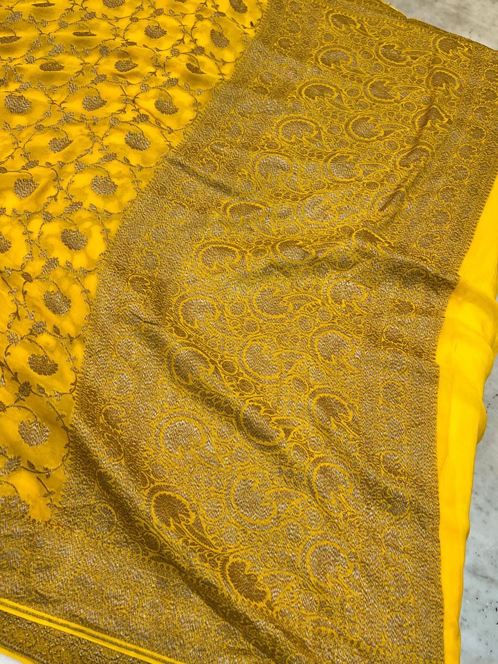 Yellow Pure Khaddi Georgette Handloom Banarasi Saree