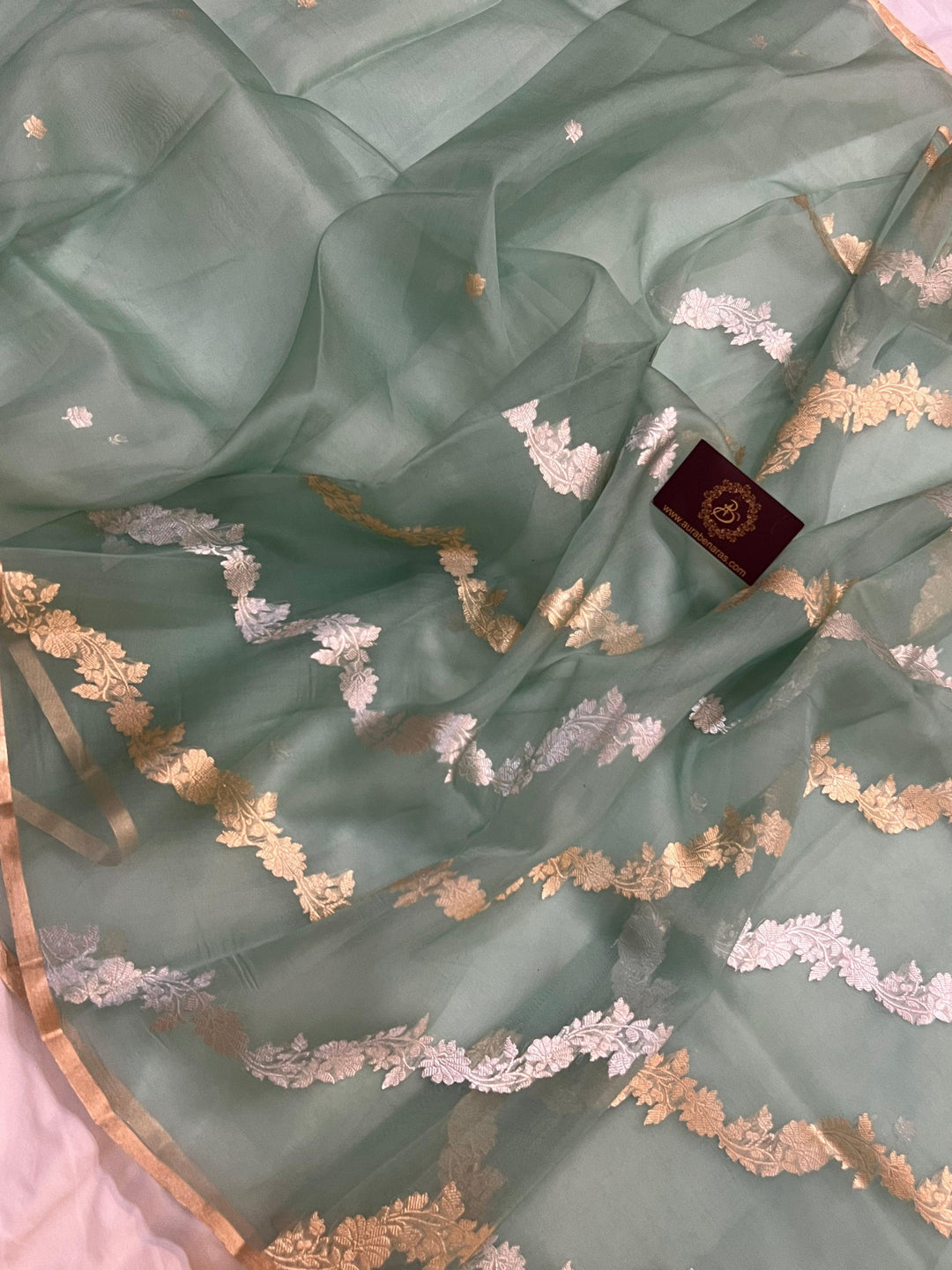 Mint Green Banarasi Handloom Kora Silk Saree - Aura Benaras
