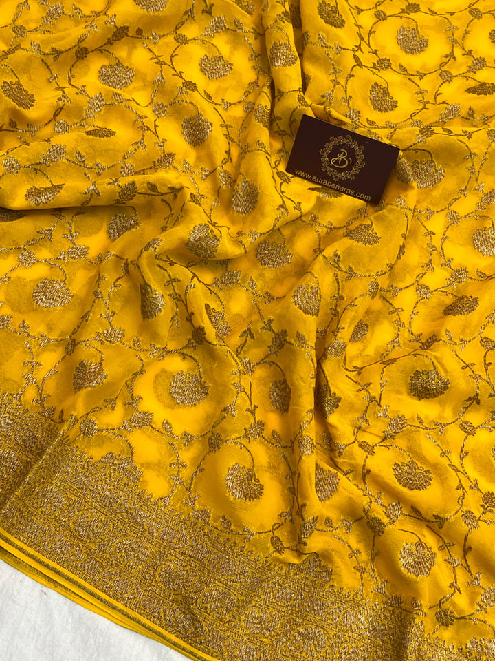 Yellow Pure Khaddi Georgette Handloom Banarasi Saree