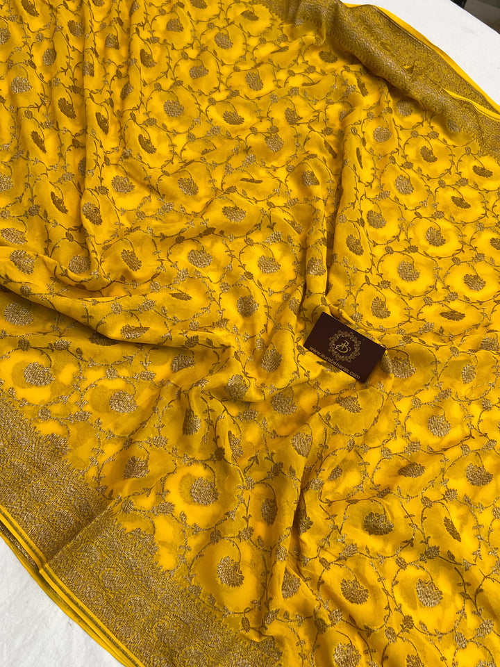 Yellow Pure Khaddi Georgette Handloom Banarasi Saree