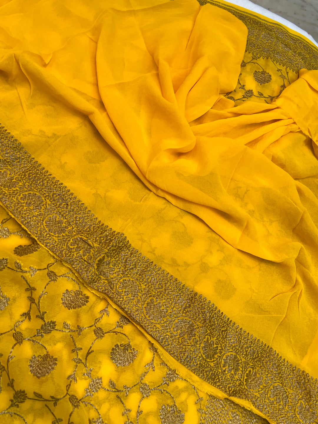 Yellow Pure Khaddi Georgette Handloom Banarasi Saree
