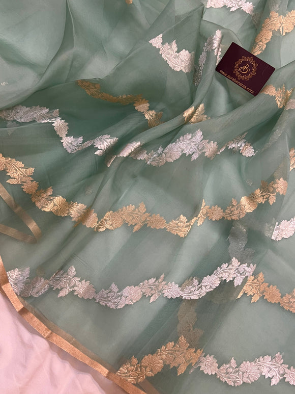 Mint Green Banarasi Handloom Kora Silk Saree - Aura Benaras