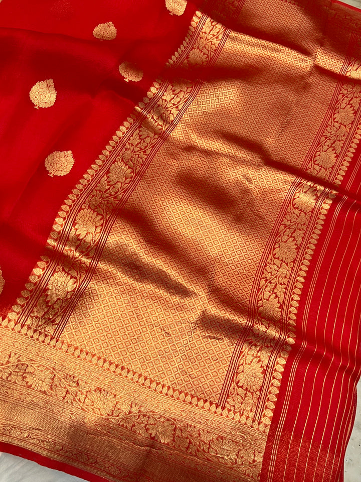 Red Banarasi Handloom Kora Silk Saree