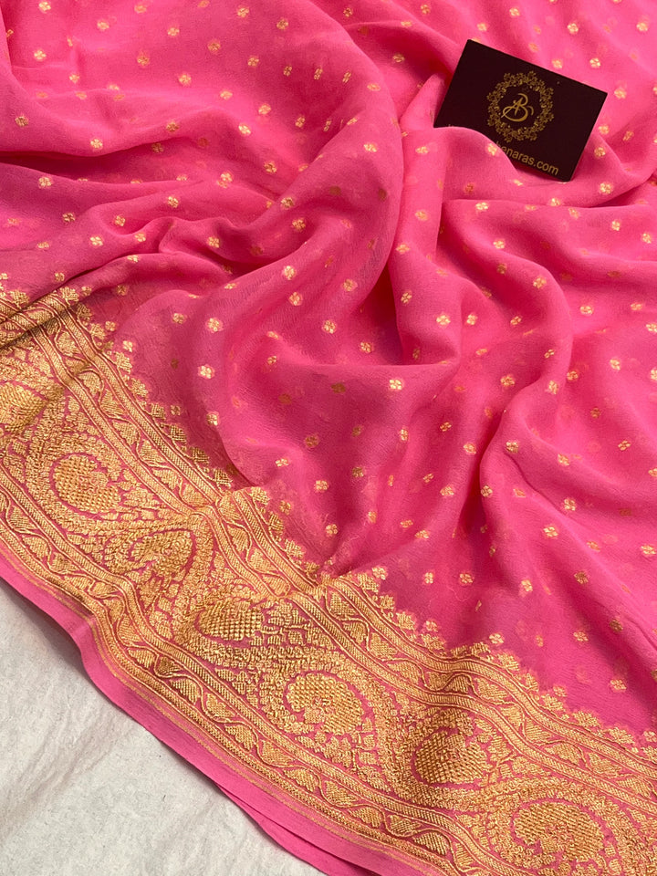 Baby Pink Pure Khaddi Georgette Handloom Banarasi Saree