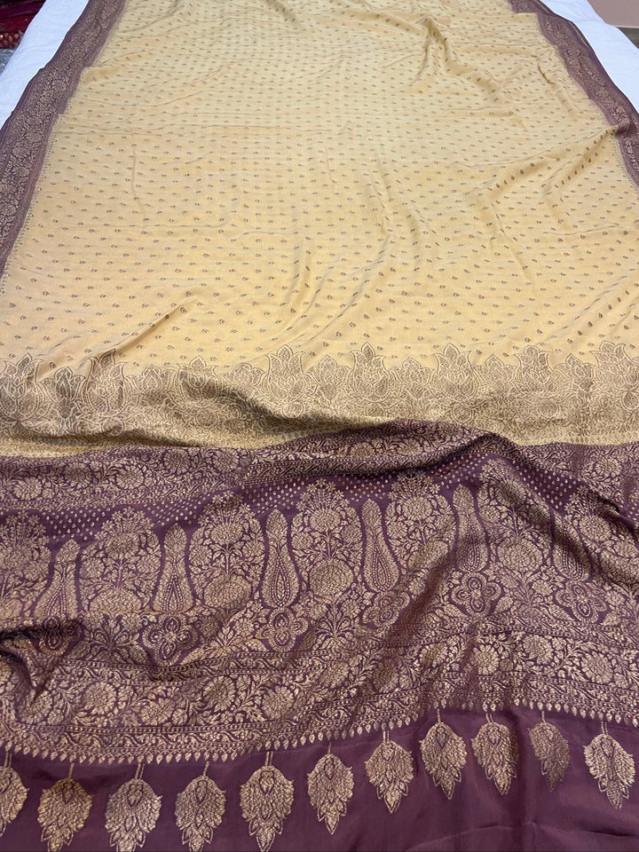 Beige Pure Banarasi Khaddi Crepe Silk Saree - Aura Benaras