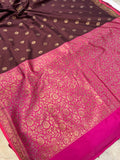 Brown Banarasi Handloom Soft Silk Saree - Aura Benaras