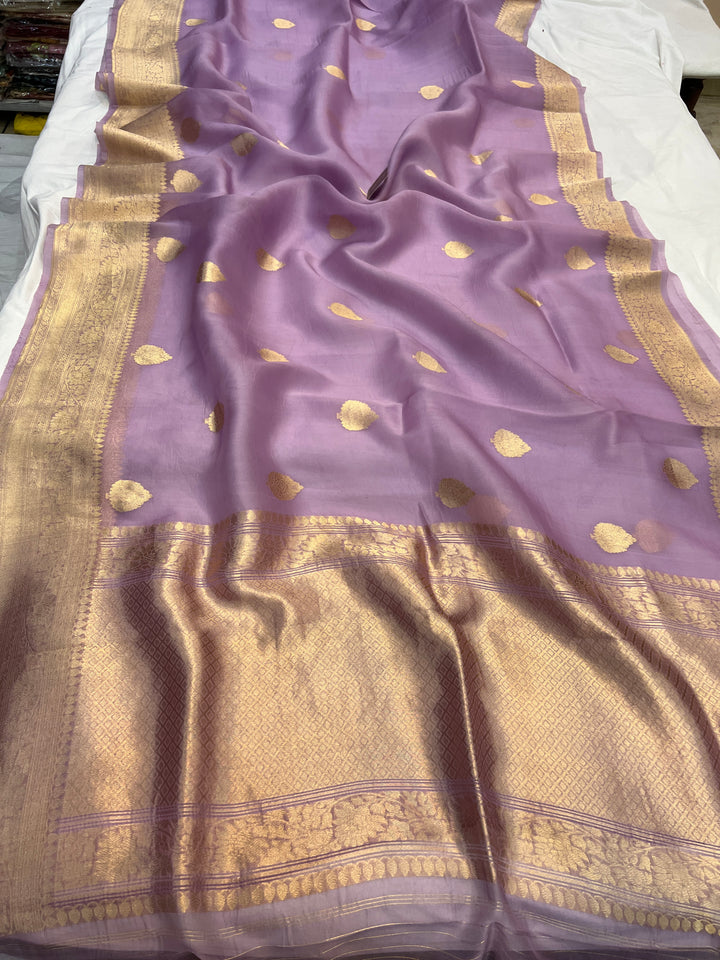 Lavender Banarasi Handloom Kora Silk Saree