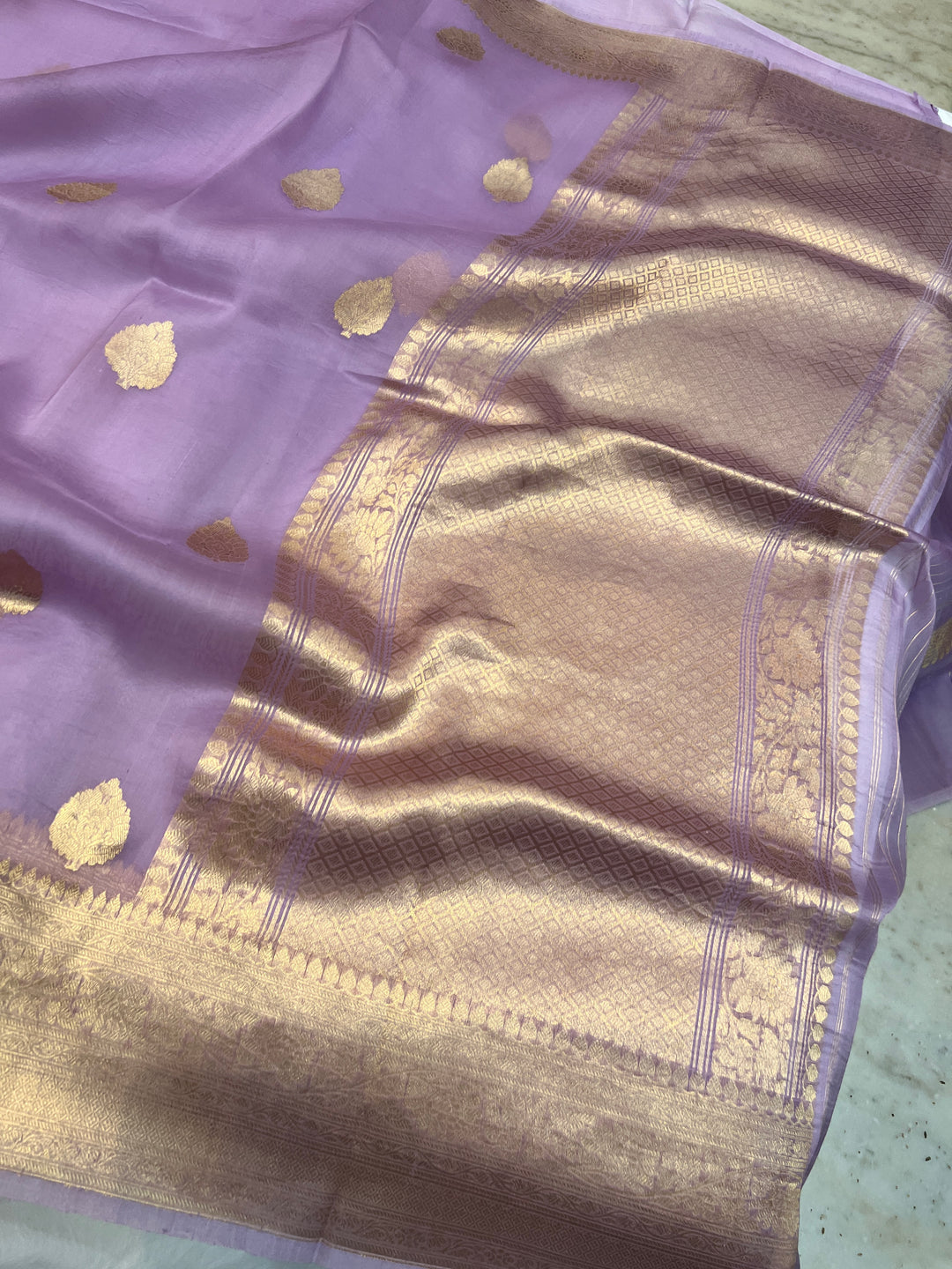Lavender Banarasi Handloom Kora Silk Saree