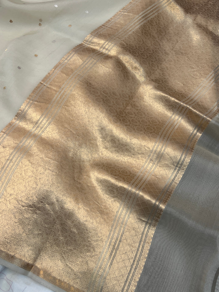 Cream Pure Kora Silk Handloom Banarasi Saree