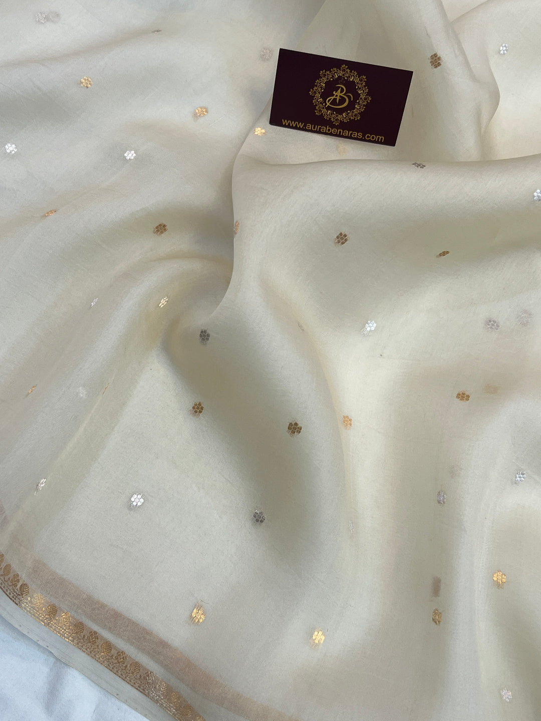Cream Pure Kora Silk Handloom Banarasi Saree