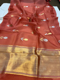 Rust Red Banarasi Handloom Kora Silk Saree - Aura Benaras