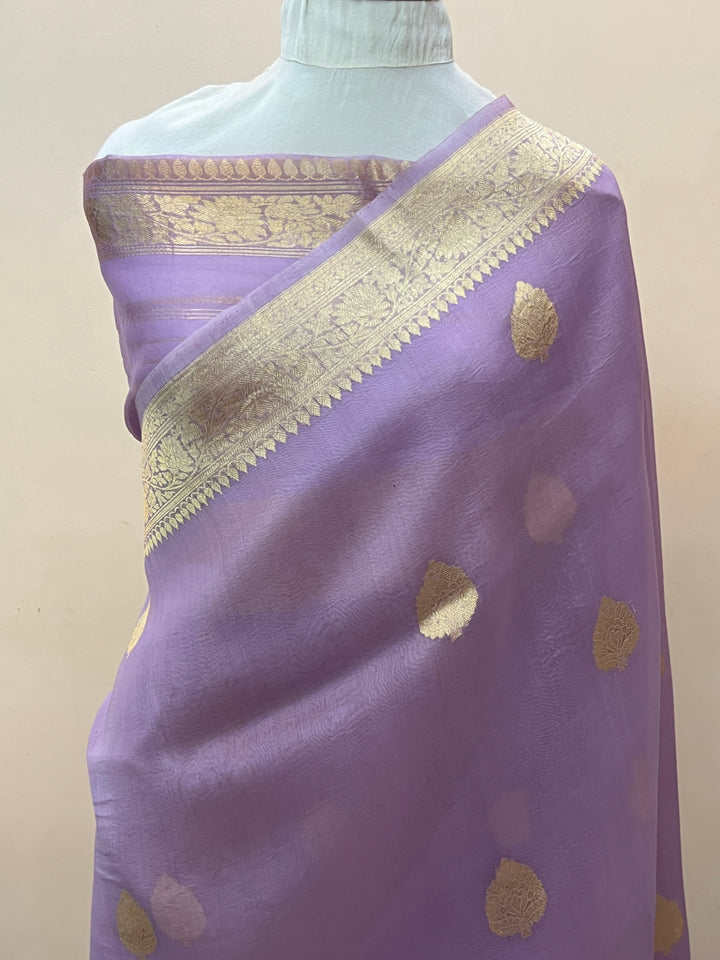 Lavender Banarasi Handloom Kora Silk Saree