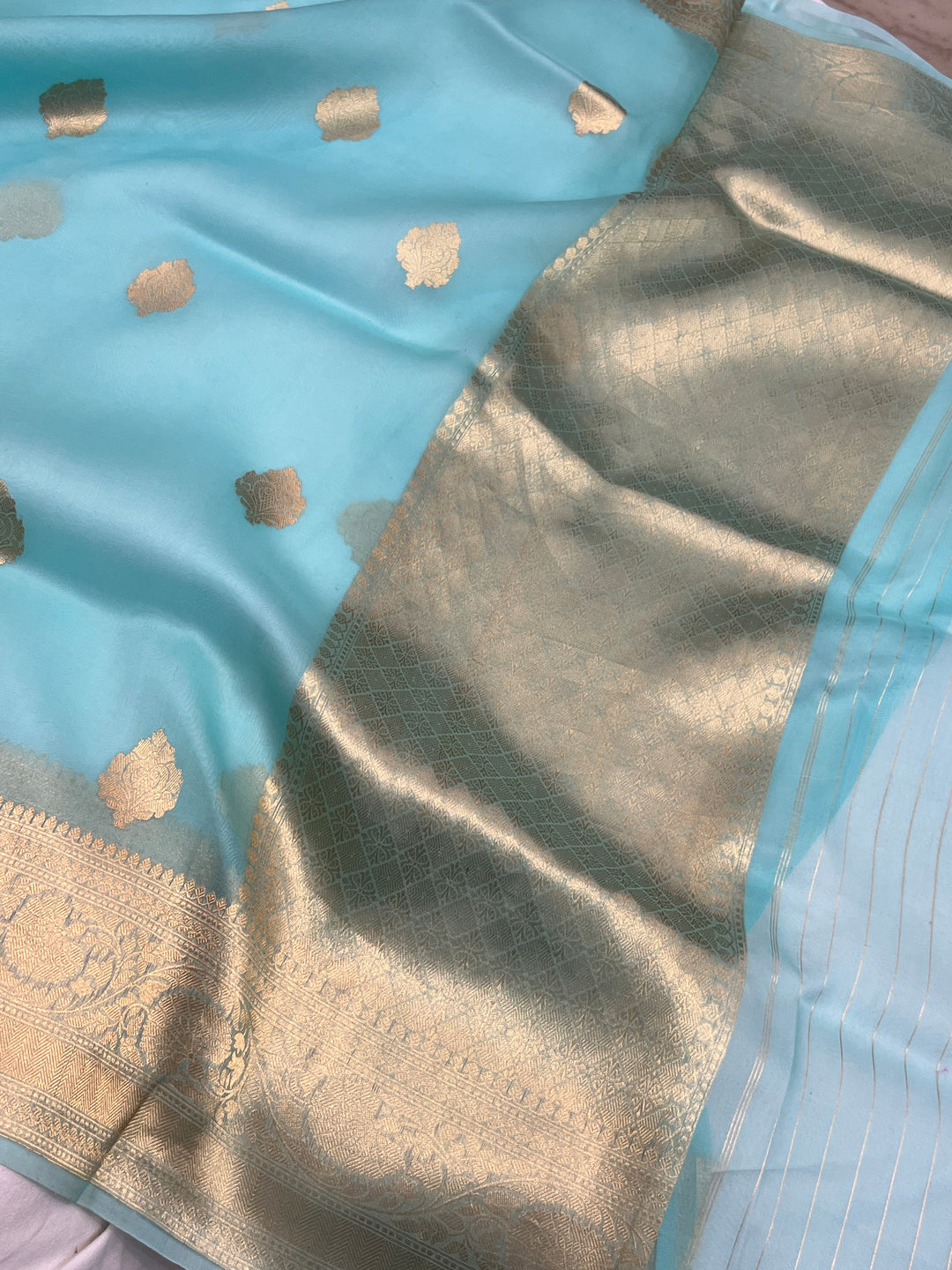 Sky Blue Banarasi Handloom Kora Silk Saree