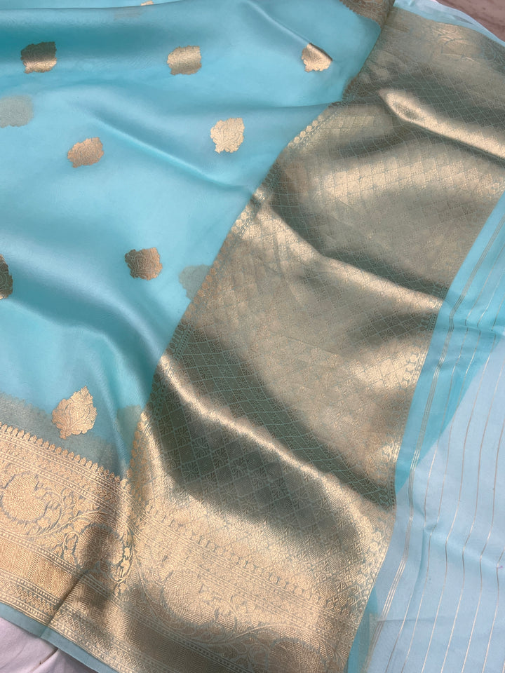 Sky Blue Banarasi Handloom Kora Silk Saree
