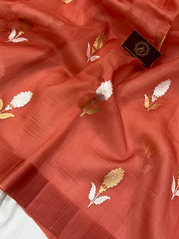 Rust Red Banarasi Handloom Kora Silk Saree - Aura Benaras