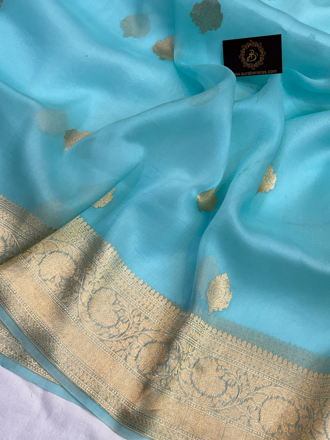Sky Blue Banarasi Handloom Kora Silk Saree
