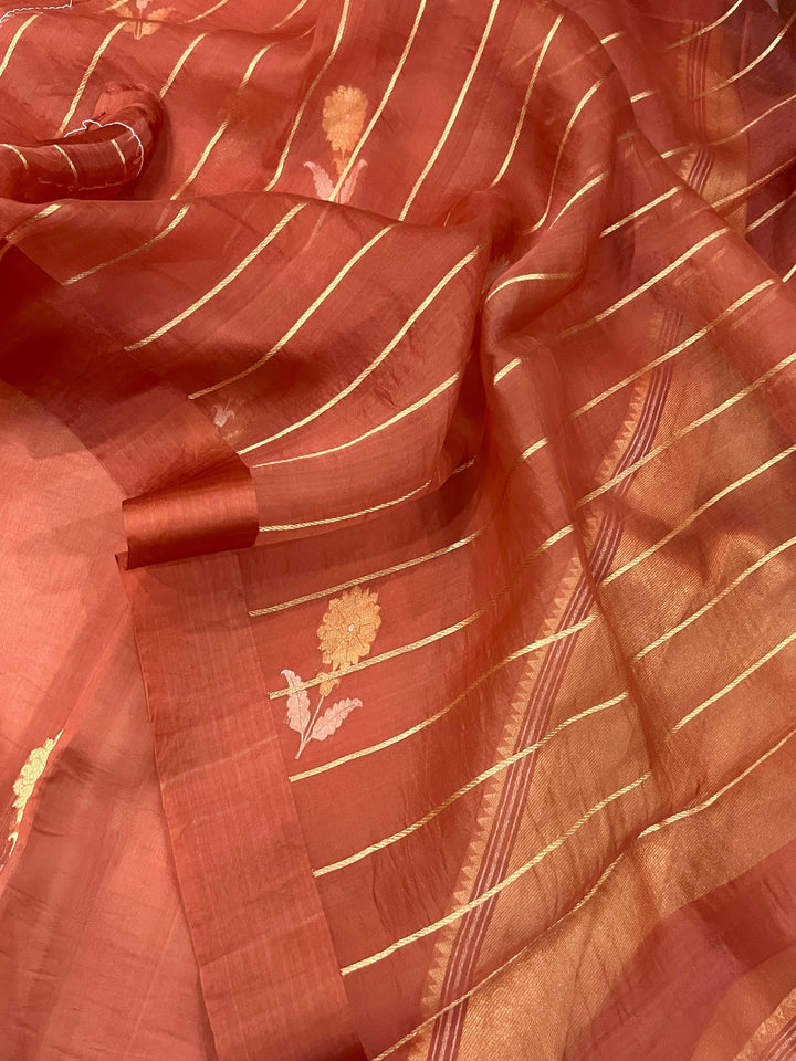 Rust Red Banarasi Handloom Kora Silk Saree - Aura Benaras