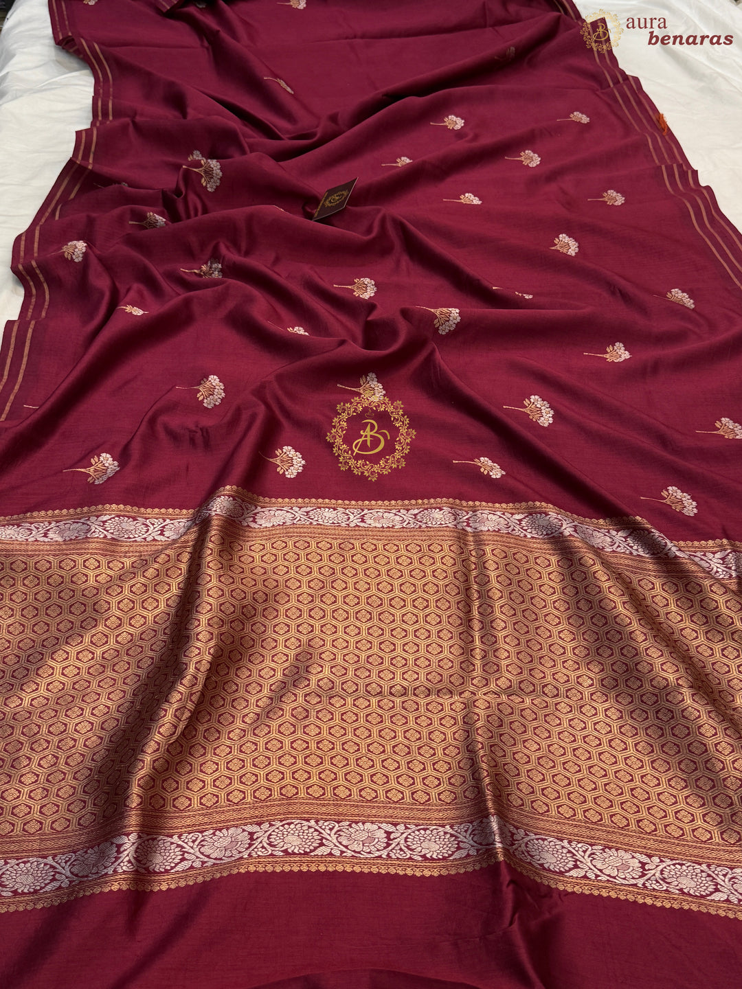 Maroon Pure Chiniya Silk Handloom Banarasi Saree