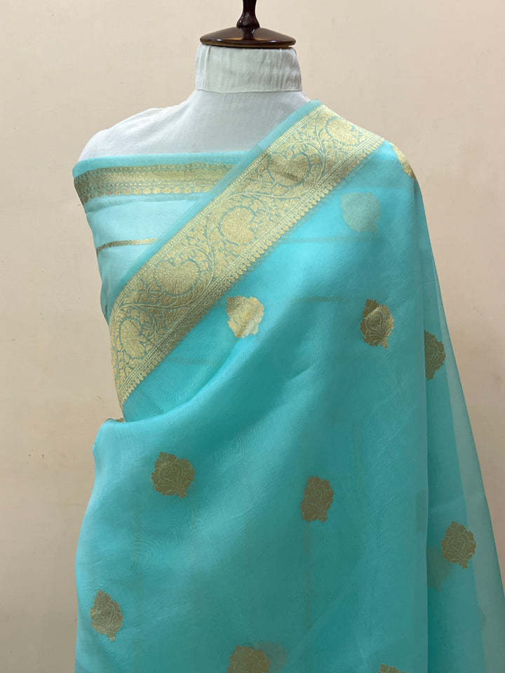 Sky Blue Banarasi Handloom Kora Silk Saree