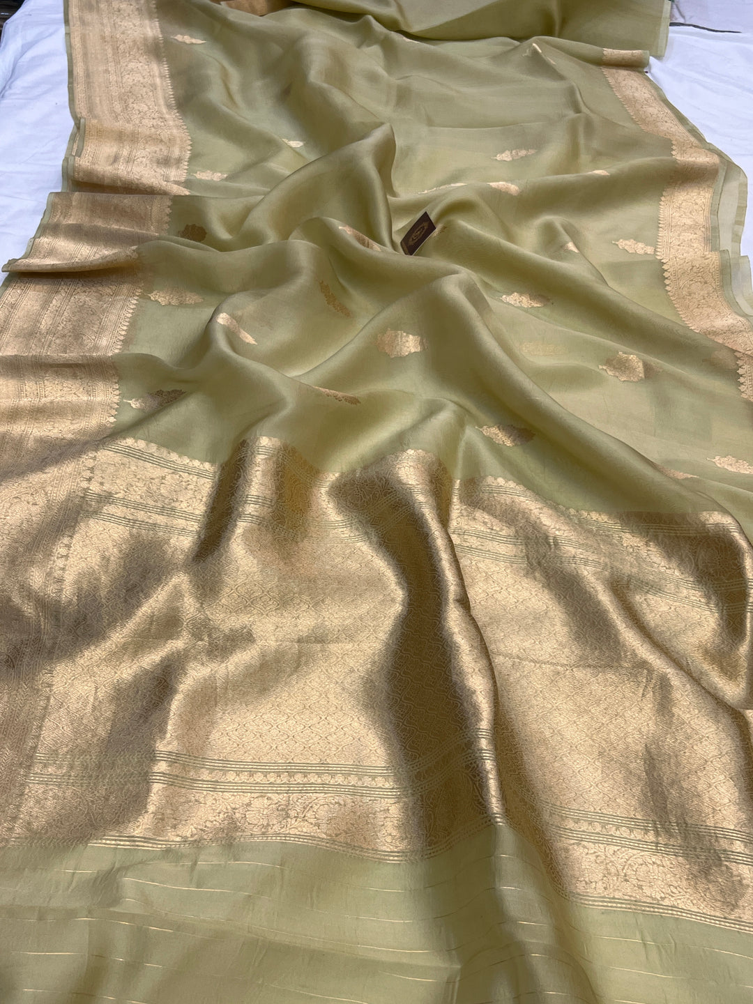 Pastel Olive Green Banarasi Handloom Kora Silk Saree
