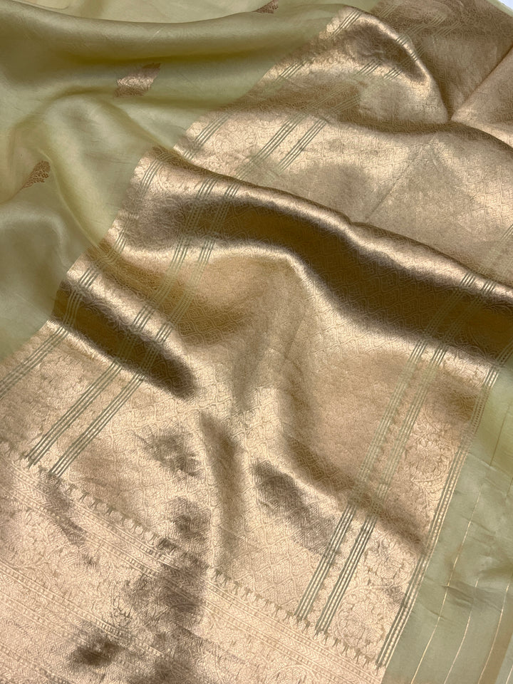 Pastel Olive Green Banarasi Handloom Kora Silk Saree