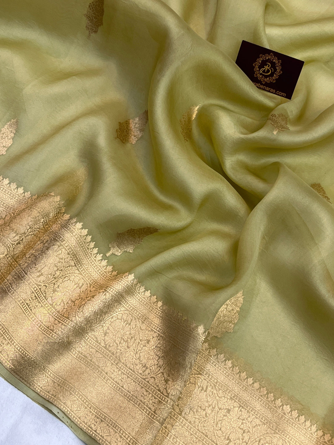 Pastel Olive Green Banarasi Handloom Kora Silk Saree