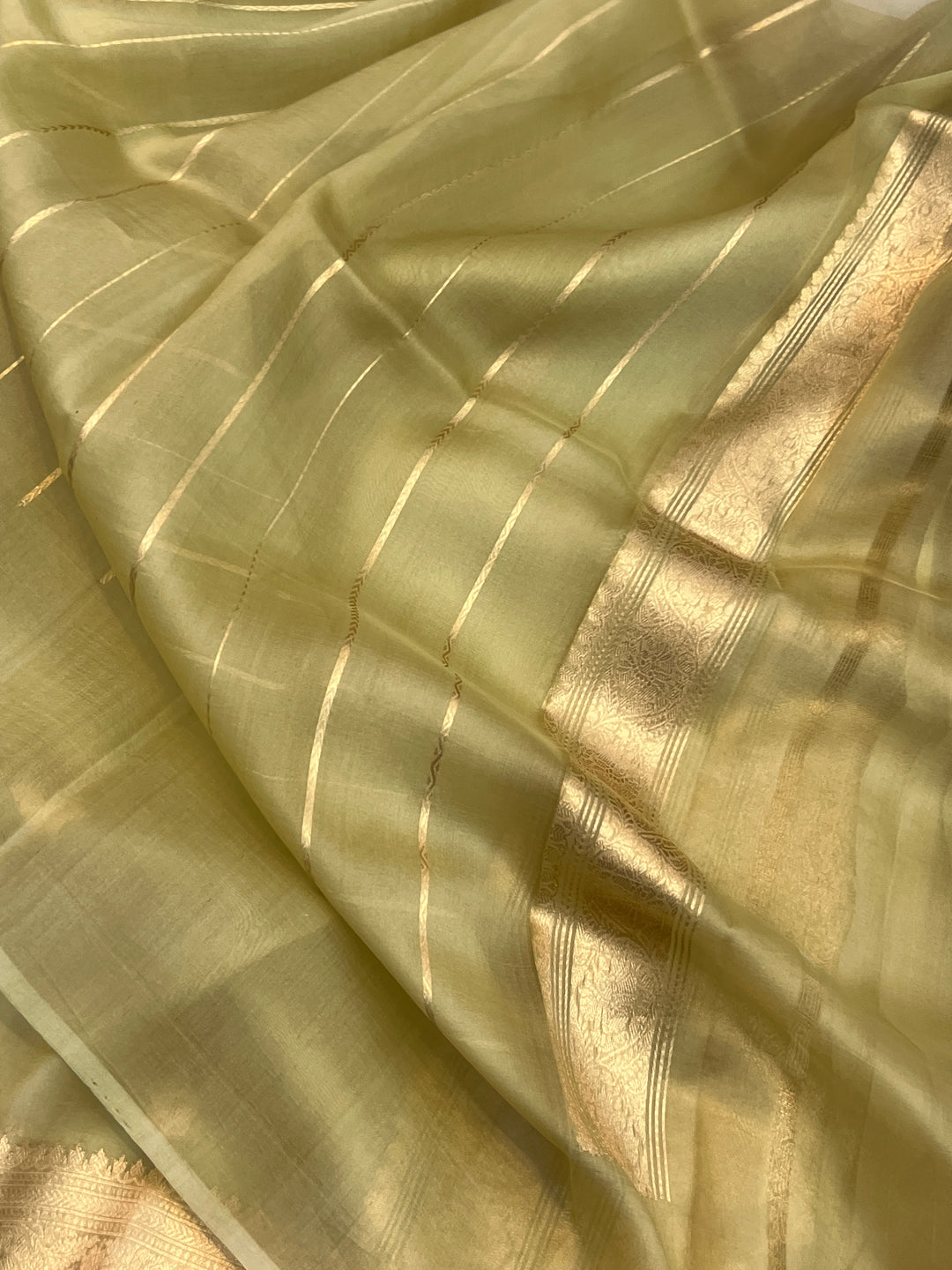 Pastel Olive Green Banarasi Handloom Kora Silk Saree